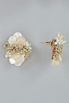Gold Finish Shell Pearl & Beaded Stud Earrings