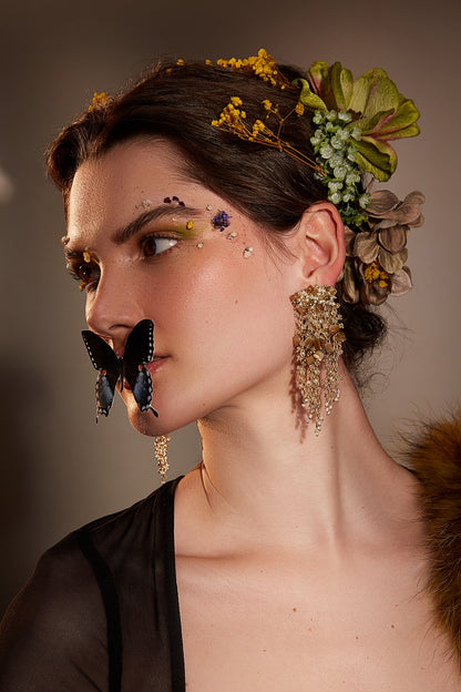 Gold Finish Semi-Precious Stone & Beaded Dangler Earrings