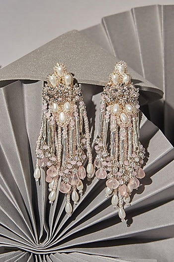 Gold Finish Pink Beaded Dangler Earrings