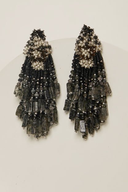 Black Rhodium Finish Black Beaded Dangler Earrings
