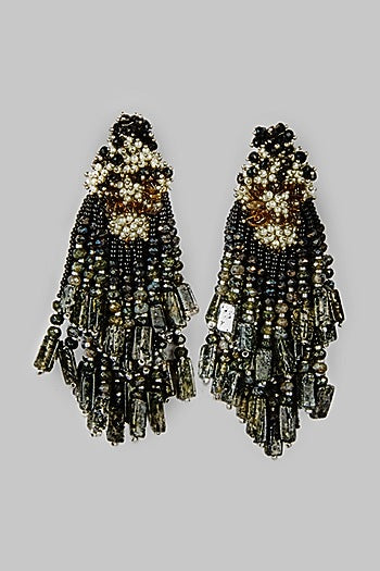 Black Rhodium Finish Black Beaded Dangler Earrings