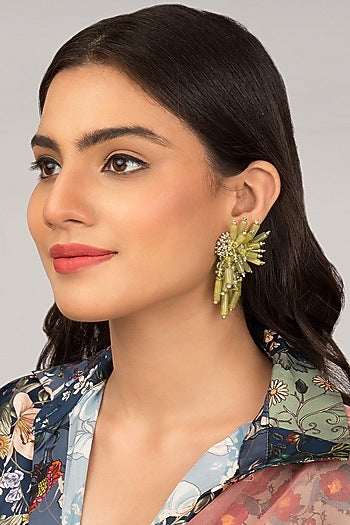 Gold Finish Lime Green Semi-Precious Stone Dangler Earrings