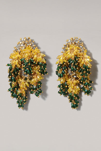 Gold Finish Green & Gold Glass Beaded Dangler Earrings
