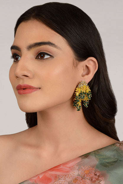 Gold Finish Green & Gold Glass Beaded Dangler Earrings