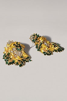 Gold Finish Green & Gold Glass Beaded Dangler Earrings