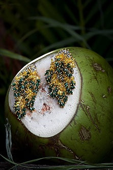 Gold Finish Green & Gold Glass Beaded Dangler Earrings
