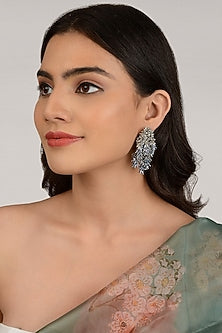 Gold Finish Grey & Blue Tasseled Earrings
