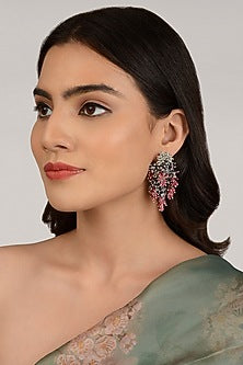 Gold Finish Pink & Grey Metallic Wire Dangler Earrings
