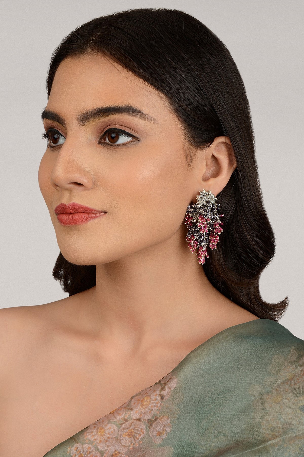 Gold Finish Pink & Grey Metallic Wire Dangler Earrings