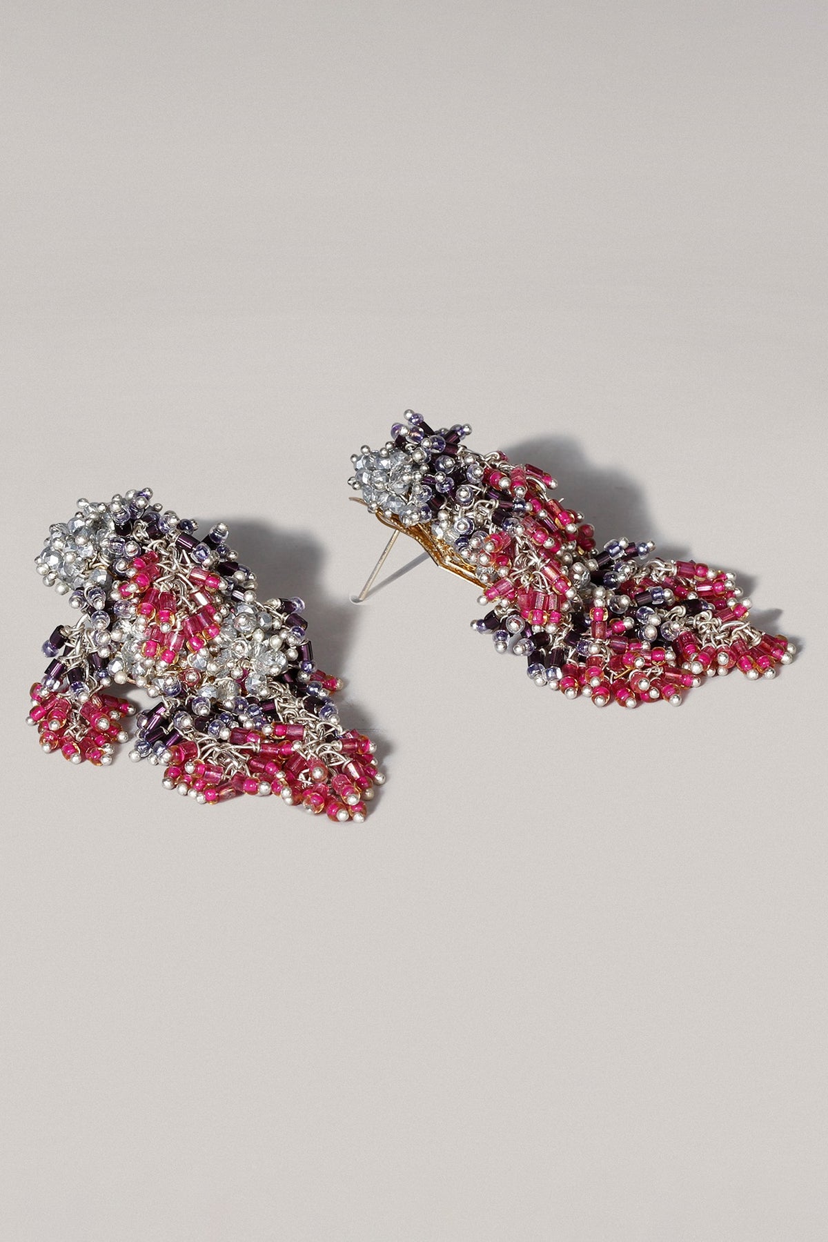 Gold Finish Pink & Grey Metallic Wire Dangler Earrings