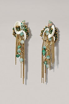 Gold Finish Green Glass Beaded Dangler Earrings