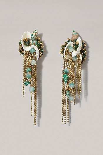 Gold Finish Green Glass Beaded Dangler Earrings