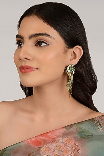 Gold Finish Green Glass Beaded Dangler Earrings