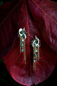 Gold Finish Green Glass Beaded Dangler Earrings