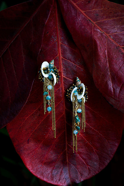 Gold Finish Green Glass Beaded Dangler Earrings