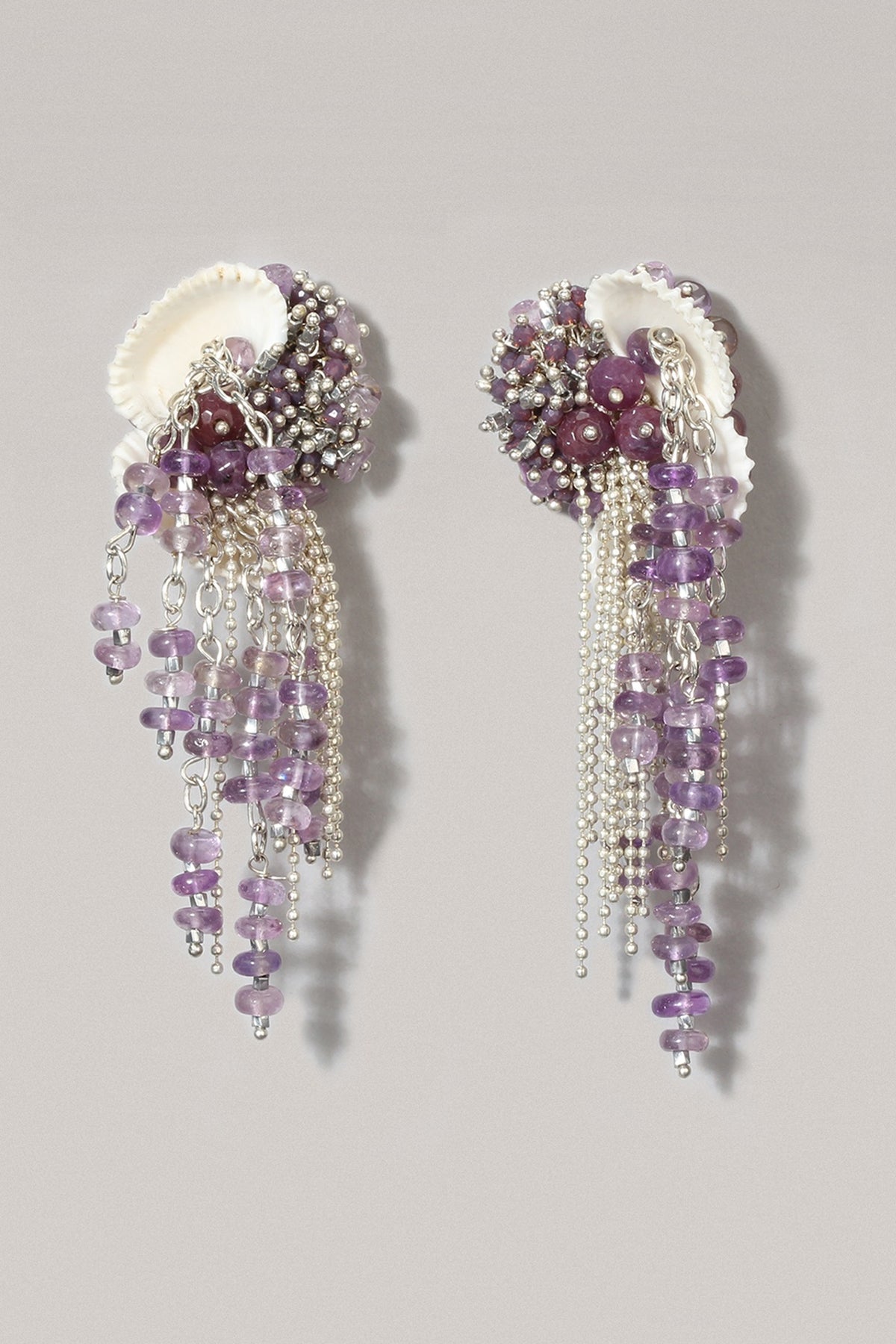 Gold Finish Lavender Beaded Shell Dangler Earrings