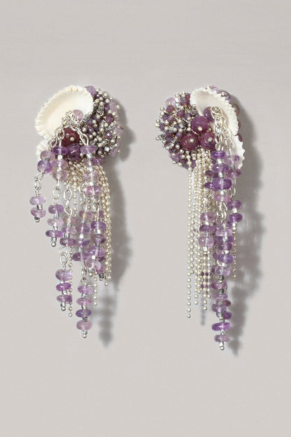 Gold Finish Lavender Beaded Shell Dangler Earrings