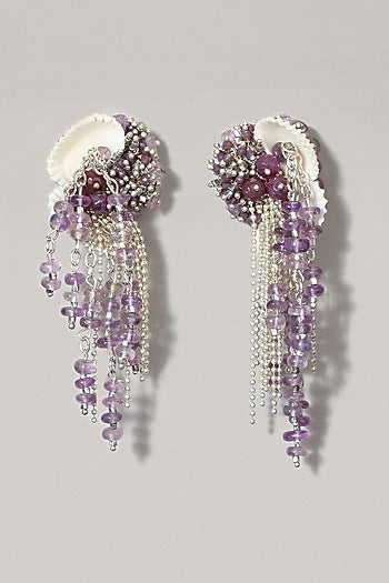 Gold Finish Lavender Beaded Shell Dangler Earrings