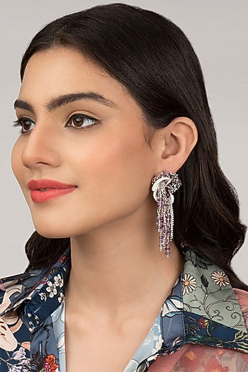 Gold Finish Lavender Beaded Shell Dangler Earrings