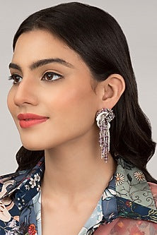 Gold Finish Lavender Beaded Shell Dangler Earrings