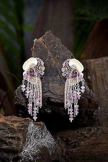 Gold Finish Lavender Beaded Shell Dangler Earrings
