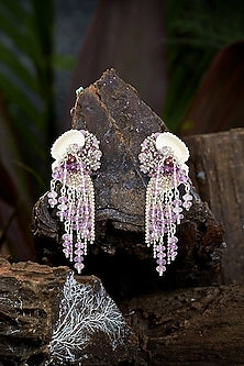 Gold Finish Lavender Beaded Shell Dangler Earrings