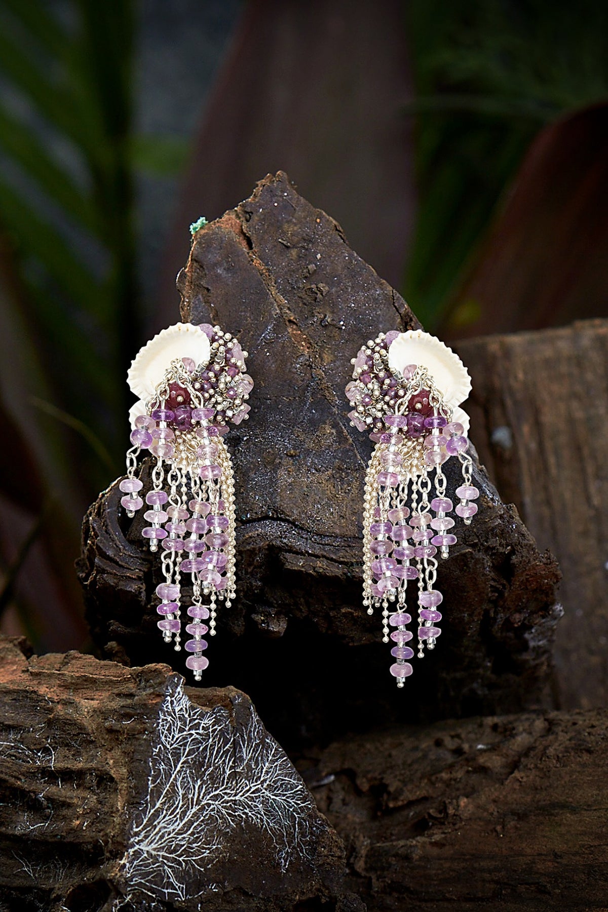 Gold Finish Lavender Beaded Shell Dangler Earrings