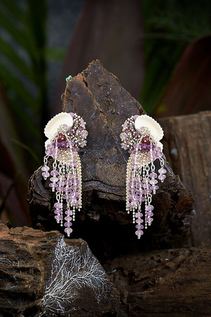 Gold Finish Lavender Beaded Shell Dangler Earrings