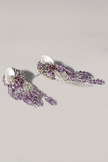 Gold Finish Lavender Beaded Shell Dangler Earrings
