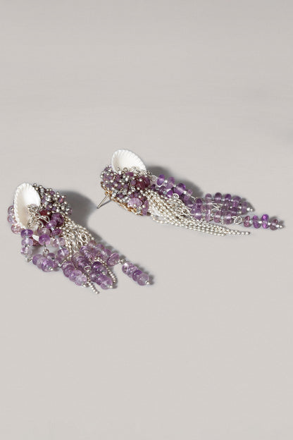 Gold Finish Lavender Beaded Shell Dangler Earrings