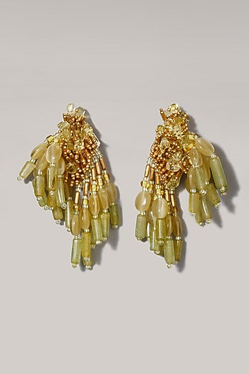 Gold Finish Pale Green Tasseled Dangler Earrings