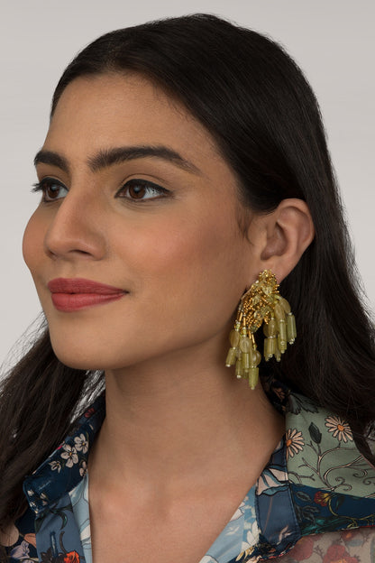 Gold Finish Pale Green Tasseled Dangler Earrings