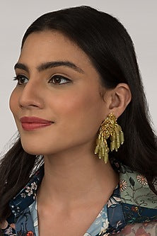 Gold Finish Pale Green Tasseled Dangler Earrings