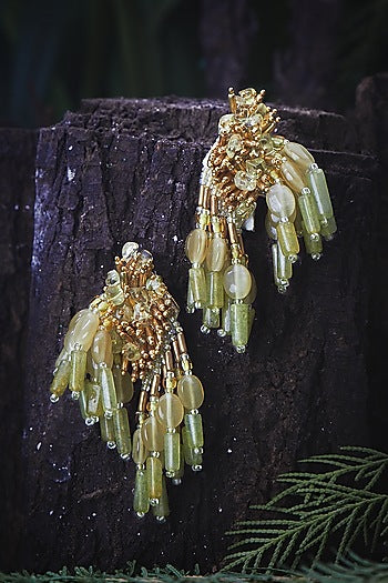 Gold Finish Pale Green Tasseled Dangler Earrings