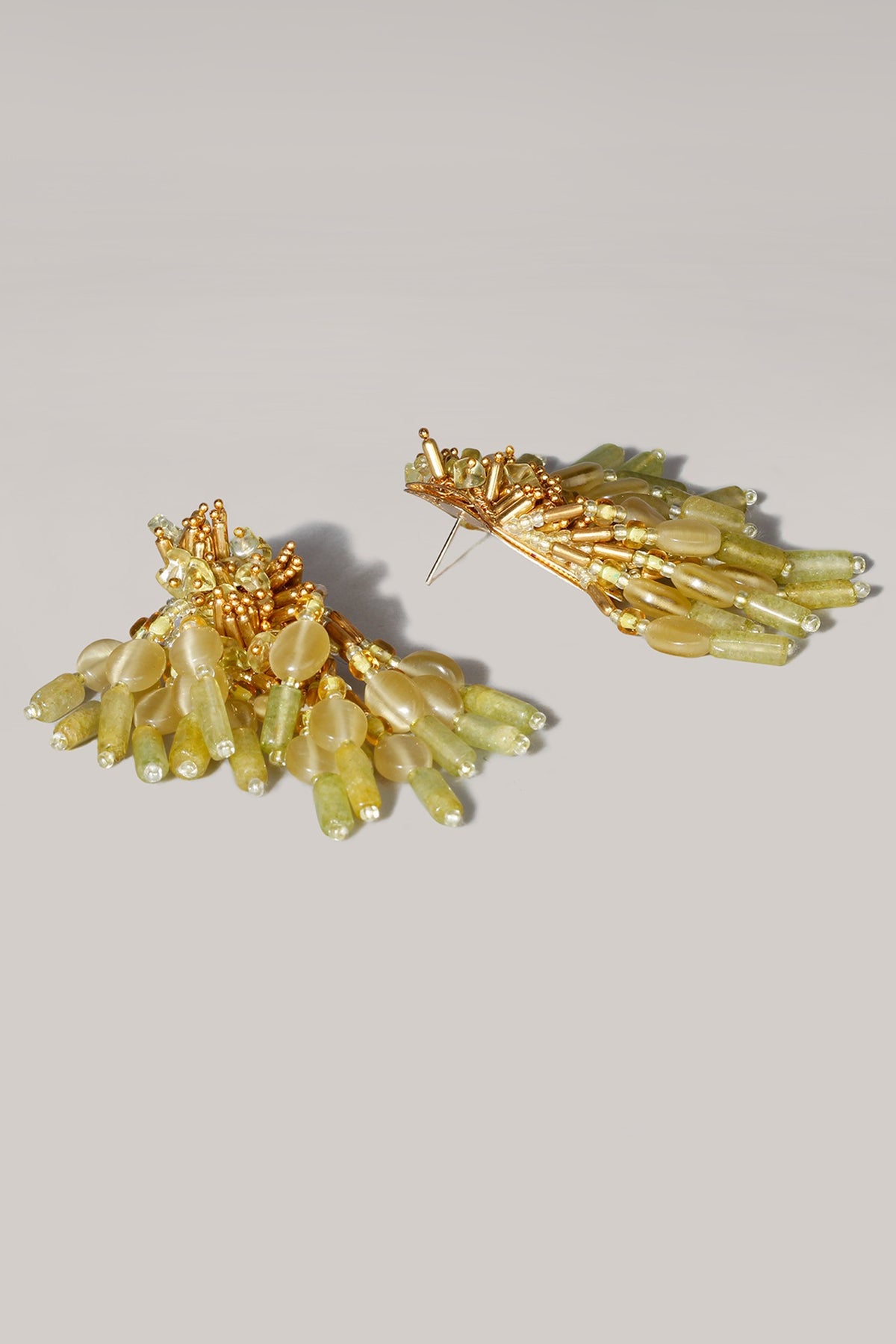Gold Finish Pale Green Tasseled Dangler Earrings