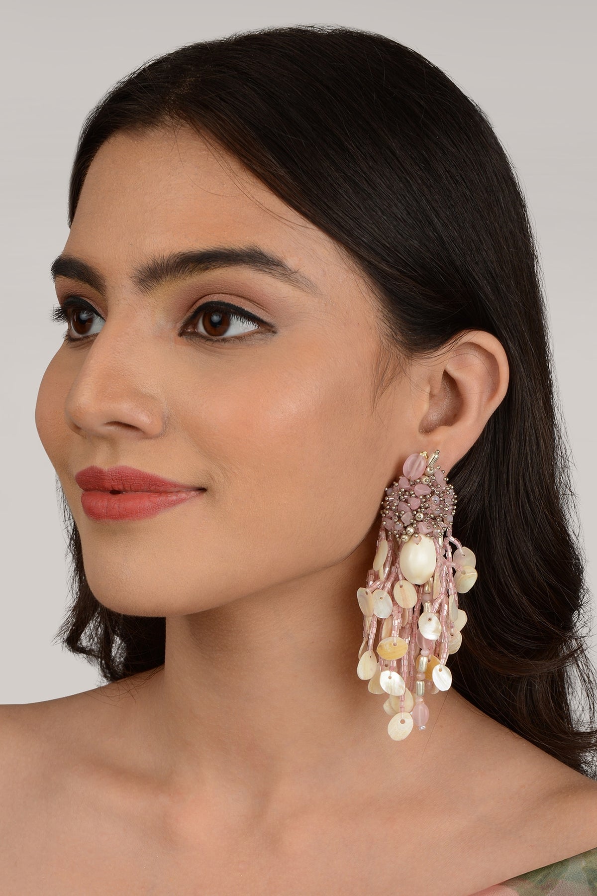 Gold Finish Mauve Tasseled Dangler Earrings