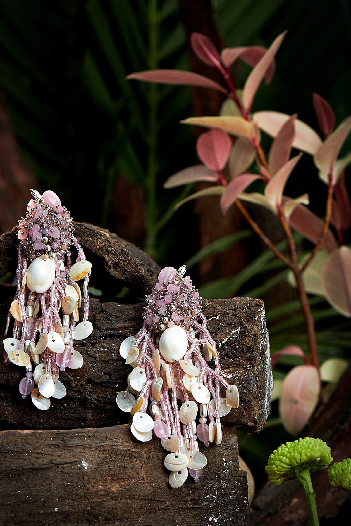 Gold Finish Mauve Tasseled Dangler Earrings
