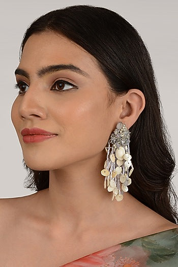 Gold Finish Cream Tasseled Dangler Earrings