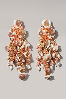 Gold Finish Peach Shell & Tassel Dangler Earrings