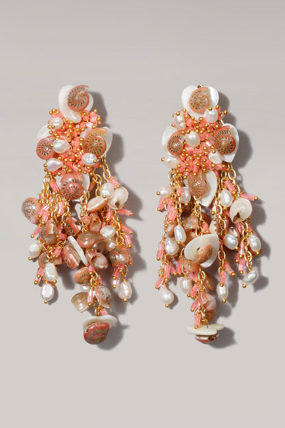 Gold Finish Peach Shell & Tassel Dangler Earrings