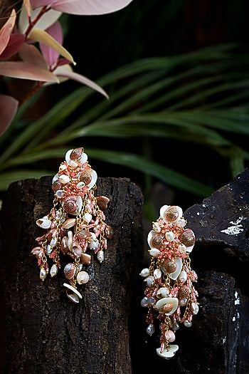 Gold Finish Peach Shell & Tassel Dangler Earrings