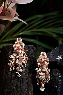 Gold Finish Peach Shell & Tassel Dangler Earrings