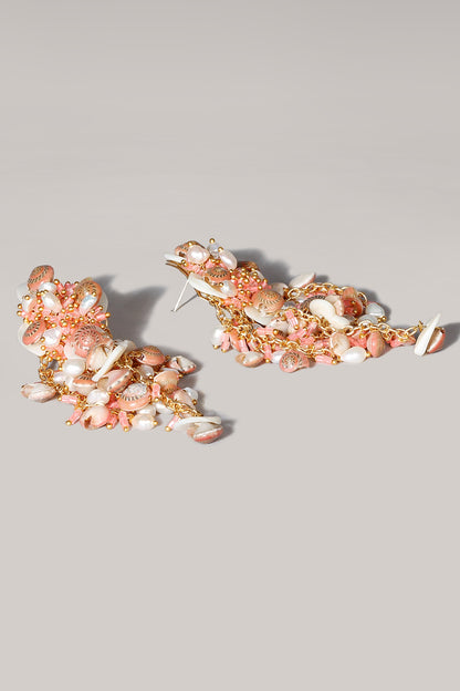 Gold Finish Peach Shell & Tassel Dangler Earrings