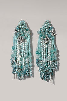 Gold Finish Powder Blue Pearl Crystals Dangler Earrings