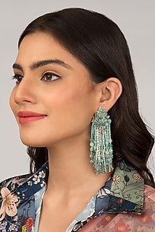 Gold Finish Powder Blue Pearl Crystals Dangler Earrings