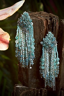 Gold Finish Powder Blue Pearl Crystals Dangler Earrings