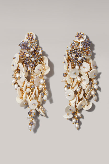 Gold Finish White & Grey Crystal Beaded Dangler Earrings