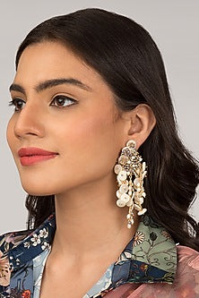 Gold Finish White & Grey Crystal Beaded Dangler Earrings