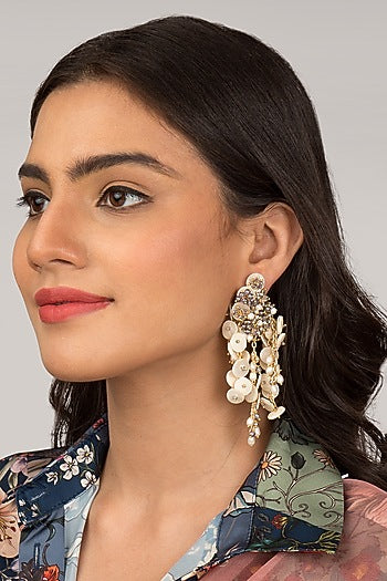 Gold Finish White & Grey Crystal Beaded Dangler Earrings