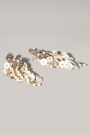 Gold Finish White & Grey Crystal Beaded Dangler Earrings